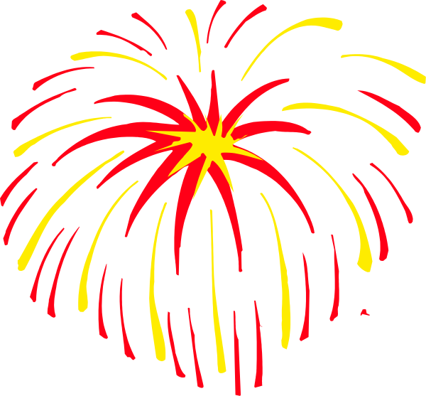 The black background features a colorful fireworks display with red, yellow, blue, green, white sparks emanating from an explosion at its center.
