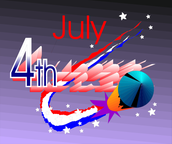 The image shows a graphic with text that reads "JULY 4TH" at the top right corner of an American flag design featuring stars in blue on white backgrounds. Below this is a colorful, pixelated depiction resembling fireworks or explosions emanating from what appears to be a planetary body and surrounding it with red lines that suggest motion paths. The style suggests a digital creation meant for celebratory purposes related to the Fourth of July holiday in the United States.
