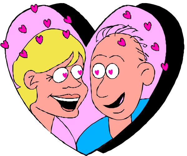 The image shows a black background with three cartoon hearts containing couples; each heart has two characters: on top left is an older couple looking at one another smilingly, in middle right there's a younger man and woman also smiling but not interacting directly, while bottom center features the same young couple as above.