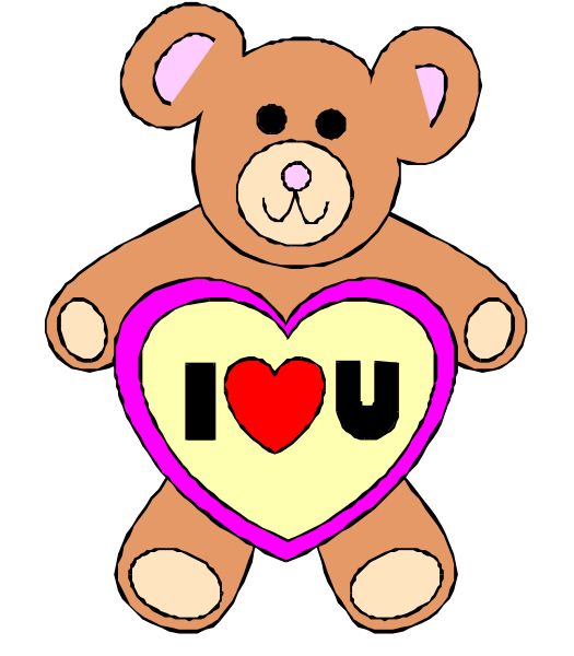 The image shows a cartoon of an adorable teddy bear holding up a heart with "I love you" written on it in pink letters inside the heart shape.