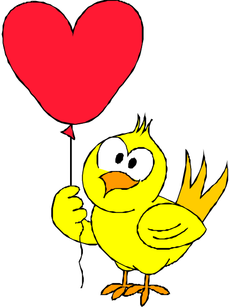 The image shows a cartoon yellow bird with its wings spread wide holding up an exaggeratedly large red heart above it while standing on one leg against a black background.
