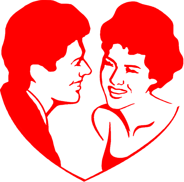 The image shows a black and white silhouette of three individuals who appear to be engaged in an intimate moment; two profiles facing each other with their heads close together while one person is smiling broadly at both, creating a heart shape between them using their hands on either side of another's head.