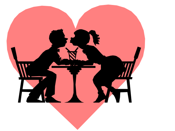 The image shows a black and white silhouette of two figures sitting at a table with hearts around them against a pink background.