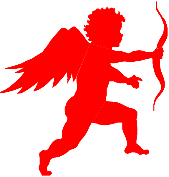 The image shows a red silhouette of Cupid with wings on either side against two different backgrounds: black for the left half and white for the right half.