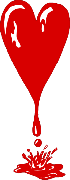 The image shows a red heart with splattered blood on it against a black background.