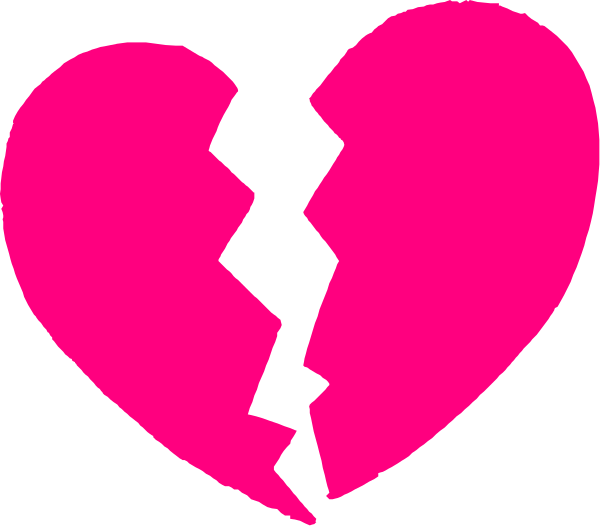 The image shows two pink heart shapes with a black line dividing them down the middle to represent broken hearts; there is no text present in this clip-art illustration.