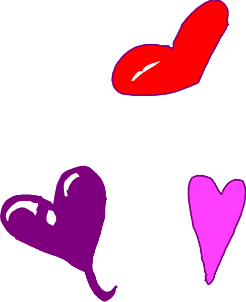 The image shows a black background with three colorful heart shapes: two red hearts on top of each other to the left side and one purple heart below them in the center-right area; there is also an additional small pink heart shape at bottom right corner, which appears slightly transparent or ghostly compared to the others.