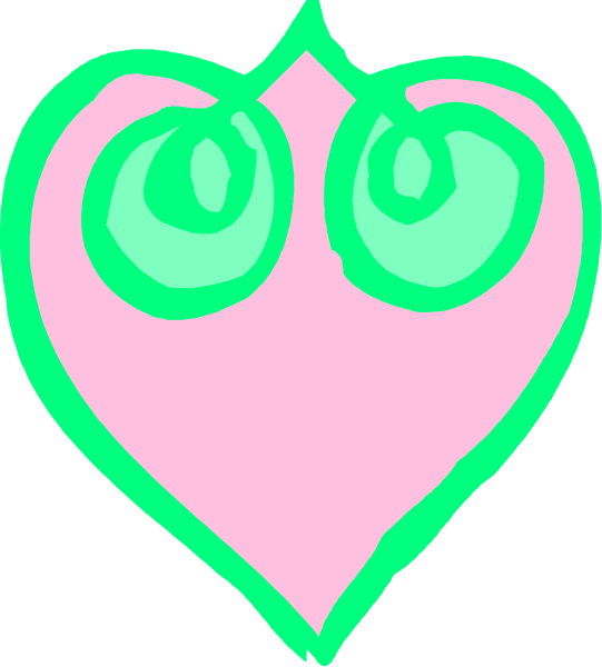 The image shows a pink heart with two green eyes drawn on it against a dark background.
