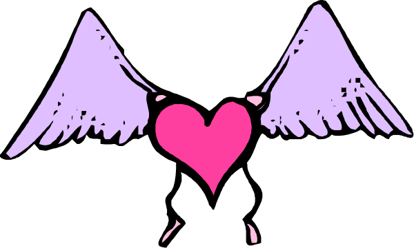 The image shows a black silhouette of an angel with wings holding two hearts against a dark background.