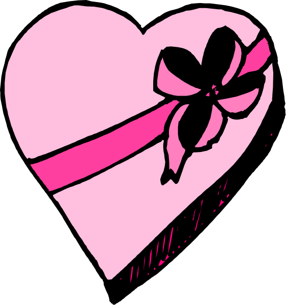 The image shows a pink heart with two black bows on either side of it against a dark background.