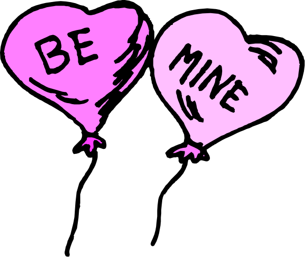 The image shows three pink heart balloons with "be mine" written on them against a black background.