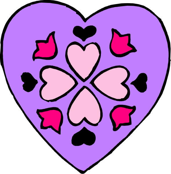 The image shows two purple hearts with a floral design on each side of them against a black background.