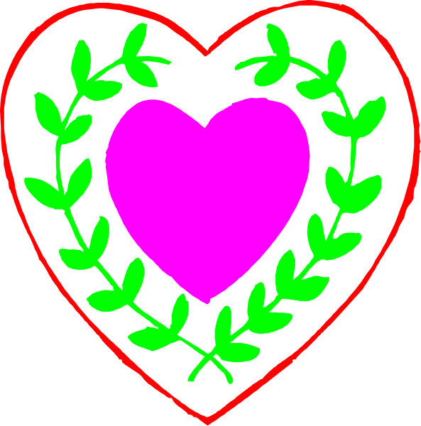The image shows two heart shapes with a laurel wreath around them; each has different shades of pink inside.