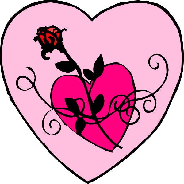 The image shows a pink heart with black outlines containing two roses: on top is an open rose budding from its stem in full bloom; below it sits another closed flower still attached to its green leaf and red thorns, all set against a dark background.