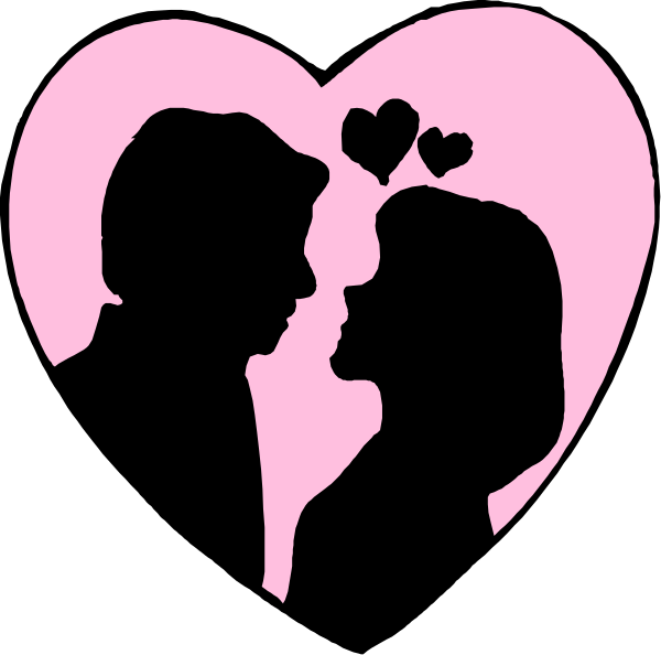 The black and white silhouette of a couple with hearts above their heads on either side of them.