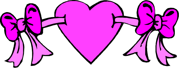 The image shows a pink heart with two bows on either side of it against a black background.