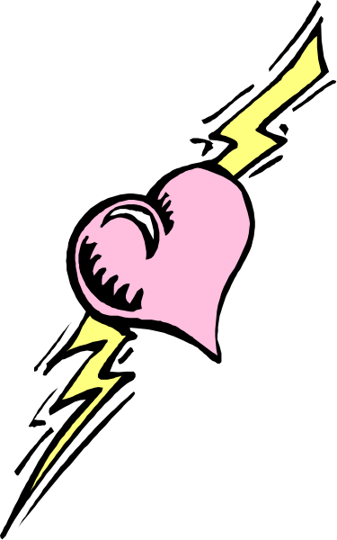 The image shows a black silhouette of an open heart with lightning bolts emanating from it against a white background on the left side.