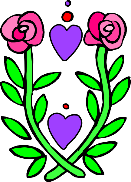 The image shows a black background with three pink roses on either side of two purple hearts at their centers; there is also an orange dot above one heart.