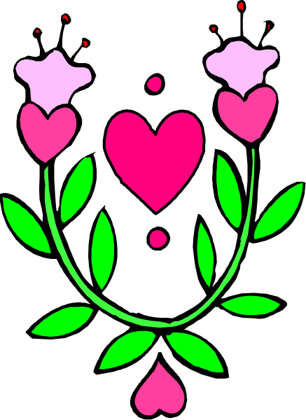 The image shows a black background with pink flowers on either side of two hearts at the center; there is also an arrangement that resembles leaves above each heart.