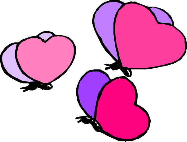 The image shows a collection of pink hearts with purple outlines against a black background.