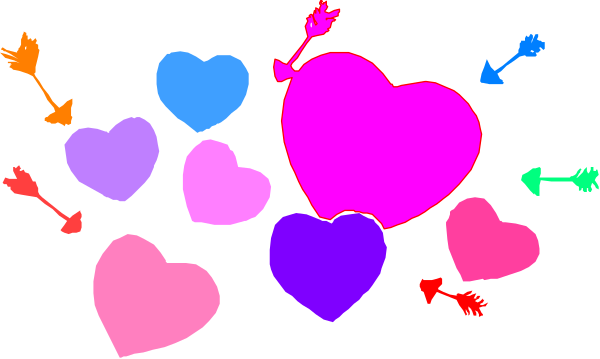 The image shows a collection of colorful hearts with arrows pointing to them against a black background.