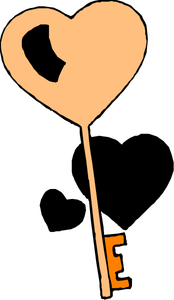 The image shows a key with an orange heart on it placed against a black background.