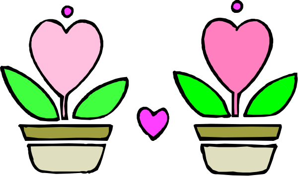 The image shows three potted plants with pink flowers against a black background; each plant is accompanied by two hearts on either side of it in shades of green and red.