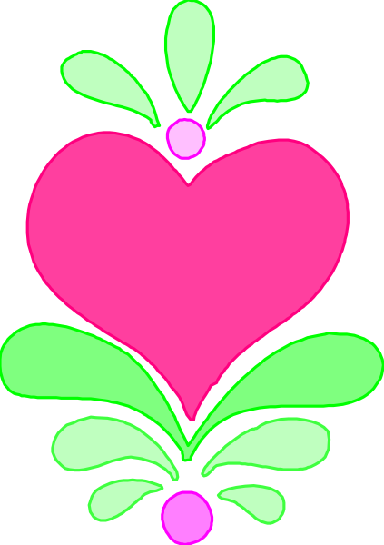 The image shows a pink heart with green leaves on either side of it against a black background.