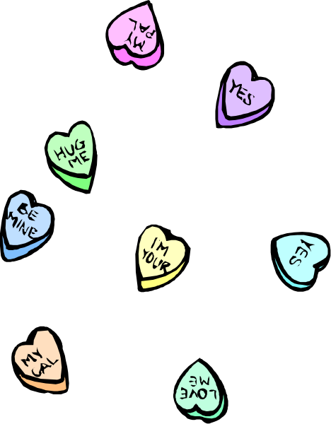 The image shows a collection of colorful heart stickers with various phrases written on them such as "I love you," "Happy Valentine's Day" in different languages like French, Italian, Spanish, German and English.