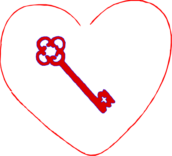 The image shows a black background with two red hearts containing white symbols: on the left heart is an open book symbolizing knowledge; in the right heart there's a key symbolizing freedom or access to something, and between them appears a cross-like shape that could represent love or unity.