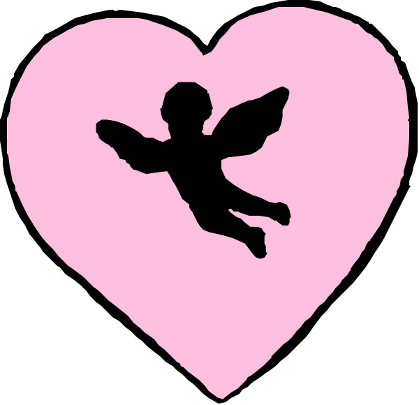 The image shows a pink heart with two black silhouettes of angels flying over it against a white background.