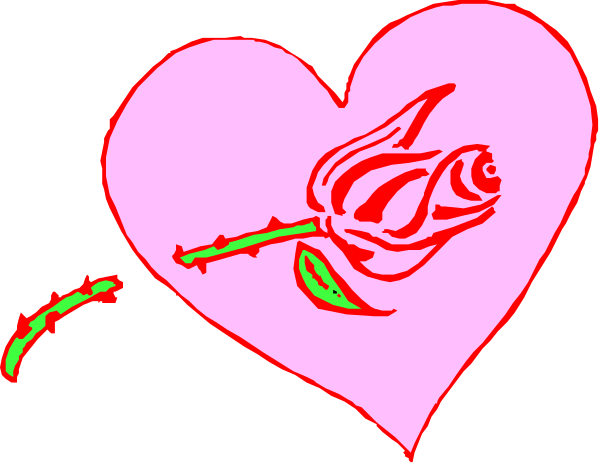 The image shows a pink heart with an illustration of a rose inside it on what appears to be Valentine's Day greeting card background.