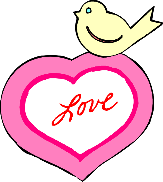 The image features a pink heart with "love" written on it next to an illustration of a bird perched above it.