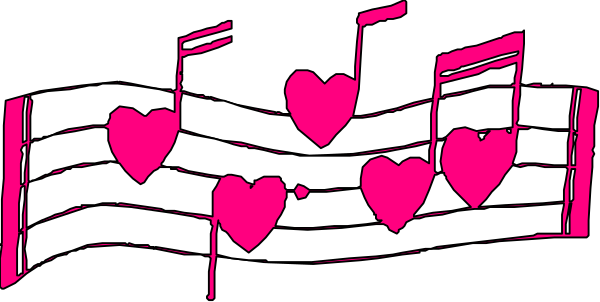The image shows a black background with white musical notes that have pink hearts on them arranged horizontally across it.