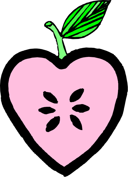 The black and white illustration shows a pink apple with leaves on top of it.