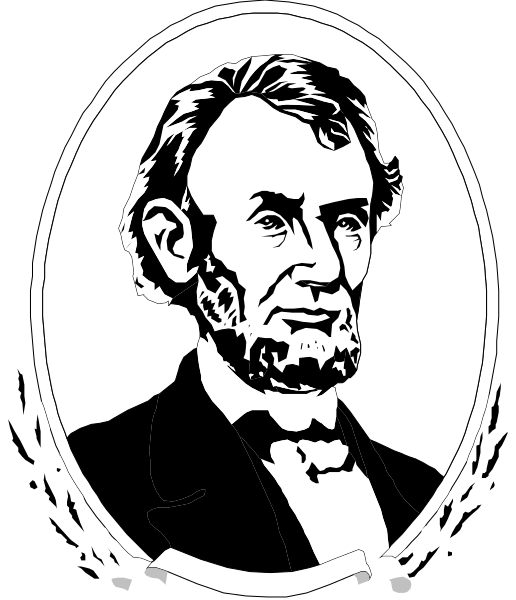 The black and white illustration features a portrait of Abraham Lincoln with his signature beard and suit attire within an oval frame that has laurel leaves at its top corners; he is depicted in profile facing to the left, looking forward slightly above eye level against a plain background.