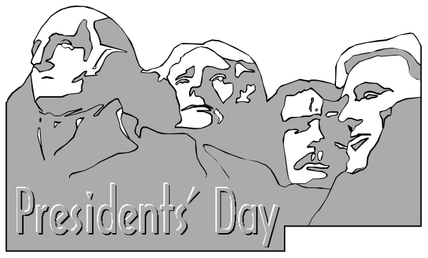 The image shows a black and white illustration of three cartoon figures with speech bubbles containing text that reads "President's Day."
