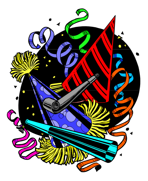 The black and white illustration features a party hat with confetti around it on top of what appears to be fireworks, along with other celebratory items like champagne bottles, balloons in various shapes including stars and hearts, streamers, and possibly some decorative paper or banner elements that are not clearly distinguishable.