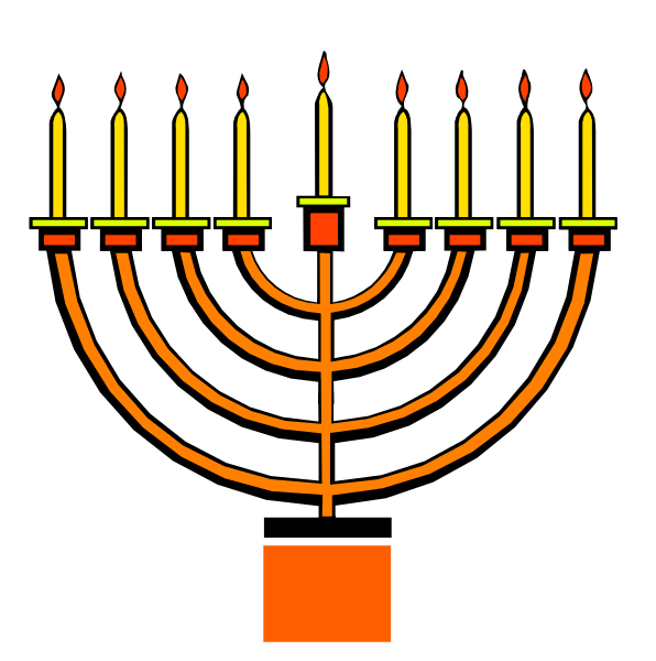 The image shows a black background with two candles on either side of an orange menorah that has seven branches each holding one candle. Above this is a red star-shaped object resembling a traditional Hanukkiah, and below it there's a small square in the center which could represent a gift or present. The overall style suggests a digital graphic with minimal detailing elements of Jewish culture related to Hannukah celebration.