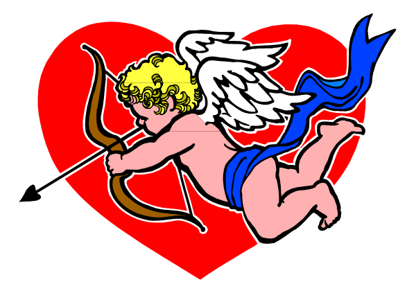 The image shows a cartoon of Cupid shooting an arrow into a heart with wings on it while holding two arrows in each hand.