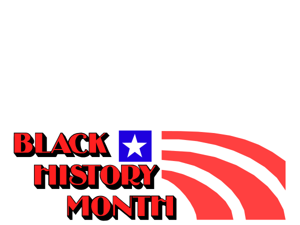The image shows a graphic with text that reads "BLACK HISTORY MONTH" on top of an American flag design in red white and blue tones against black background; below this is another line of smaller print reading "HONORING THE ACHIEVEMENTS OF BLACK PEOPLE THROUGHOUT AMERICAN HISTORY."