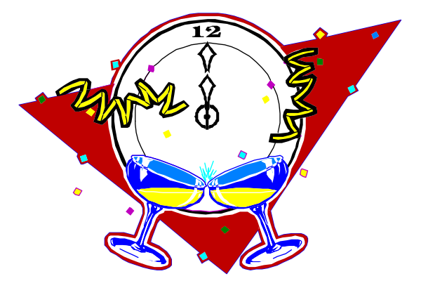 The image features a cartoon depiction of an alarm clock with its hands set to 12:05 pm (noon), surrounded by confetti-like shapes in red, yellow, blue, green, and white; there is also text that reads "Happy Hour" at the top. To the right side of the image, a cocktail glass appears as if it's pouring out more time from an hourglass with its hands set to 12:05 pm (noon). The background has red and white stripes resembling those on a bar or