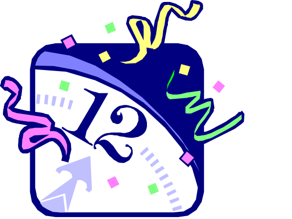 The image shows a digital clock with confetti around it indicating celebration, featuring party hats and streamers on either side of the time display which reads "12:05".