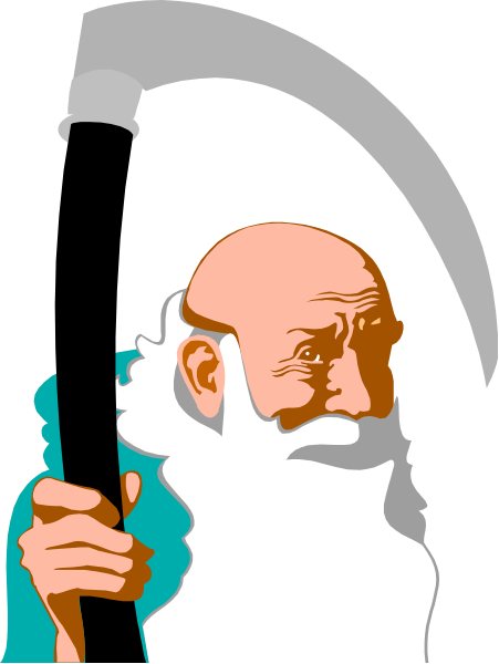The image shows a cartoon of an elderly man with white hair holding two large black shovels crossed over his shoulder while standing in front of what appears to be a building facade.