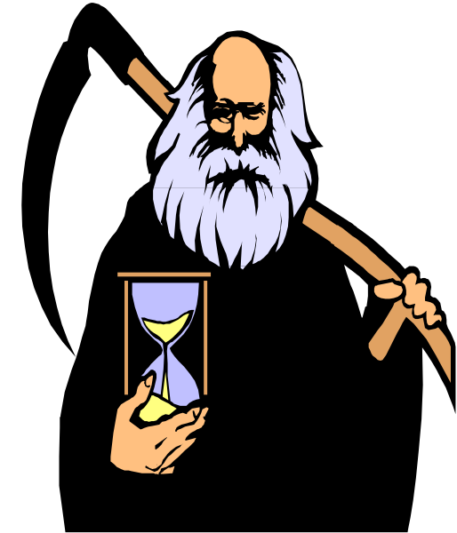 The image features a cartoon of an elderly man with white hair holding what appears to be a clock on his left hand while he is standing upright in front of him. He has a beard and mustache that match his graying hair, suggesting age. On top of this figure's head rests another object resembling the same type of clock but without hands or numbers; it seems like an abstract representation rather than functional timekeeping device. The man is wearing what looks to be a black robe with white trim around its edges and collar. In his right hand, he holds two objects