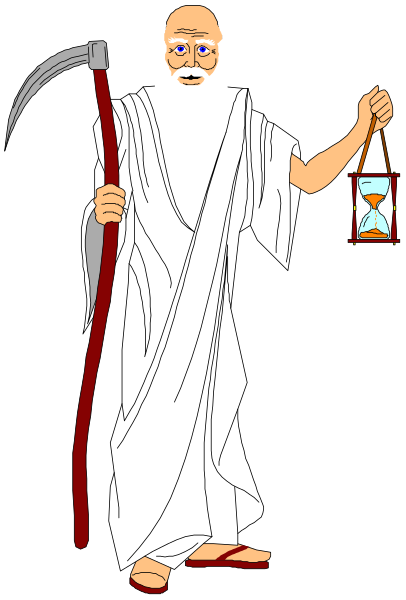 The illustration depicts an elderly man with a white beard holding a staff topped by what appears to be a skull's head; he is carrying a lantern in his other hand while walking down a path, and there seems to be some kind of object or tool attached to the end of the staff.