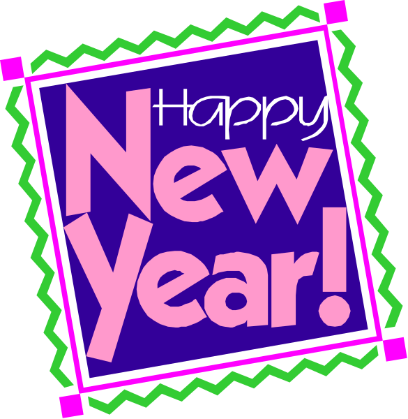 The image shows a graphic with two different New Year's greeting cards against contrasting backgrounds: on top is an illustration of a pink card featuring "Happy new year!" in white text inside a black border, and below it is another depiction of a purple card that says the same message.