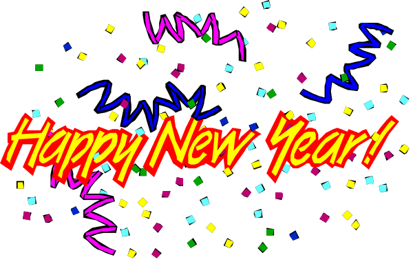 The image shows a colorful confetti graphic with "Happy New Year!" written on it along with sparkling stars in various shapes like hearts and diamonds against a black background.