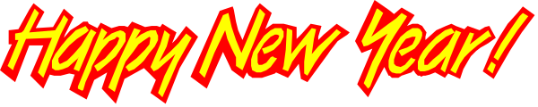 The image shows a greeting card with "Happy New Year!" written on it along with an exclamation mark at the end of the text in red font against a white background; there is also some decorative border around the edges that appears to be made up of small, colorful shapes.