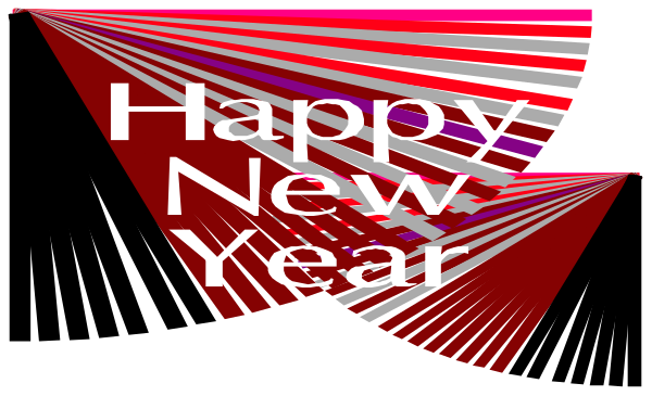 The image shows a graphic with text that says "Happy New Year" along with an abstract design resembling confetti in various shades of red, purple, blue, green, yellow, orange, pink and white against a dark background.